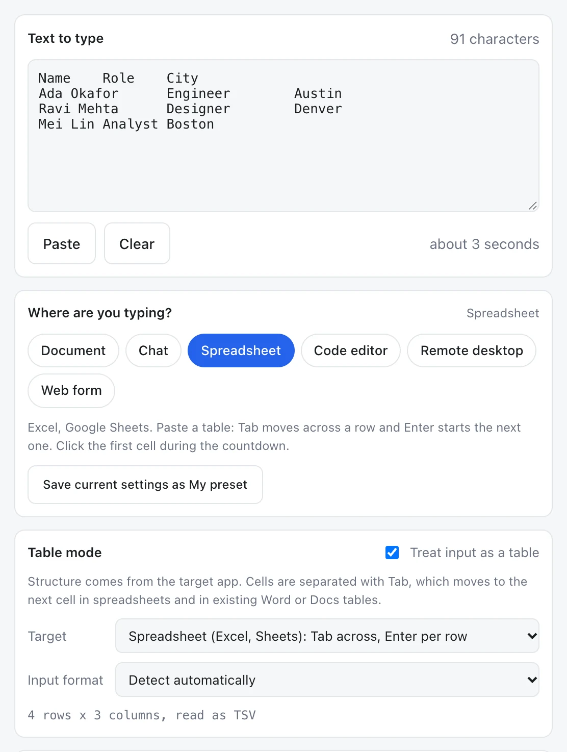 Table mode on, reading a pasted list as 4 rows by 3 columns